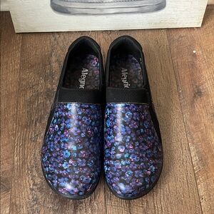 Alegria Black and Blue Floral Slip-Ons